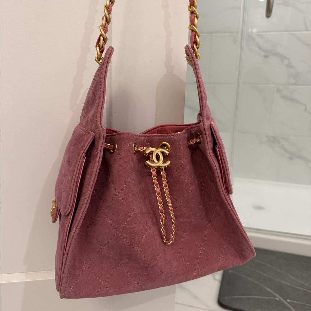 Inspired Dusty Rose purple Suede Drawstring Shoulder Bag with Gold Chain